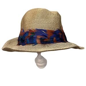 Eugenia Kim Feather Trim Straw Hat Made in USA Size Large